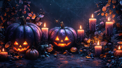 Naklejka premium Luxurious Halloween Decor: Pumpkins and Candles