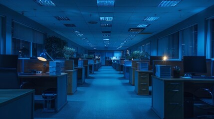 Empty office cubicles night scene wide shot soft lighting reflections on desks peaceful mood