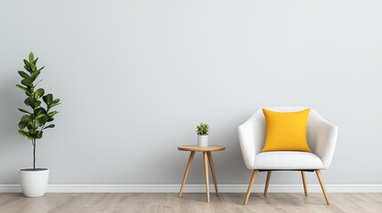 Modern living room with a cozy armchair, plant, and wooden table in a bright setting.