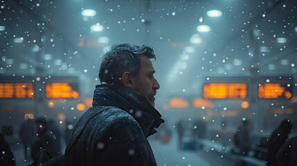 Lonely Figure at Winter Airport Window
