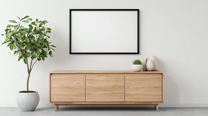 Modern living room with wooden cabinet, plant, and empty frame against a white wall.