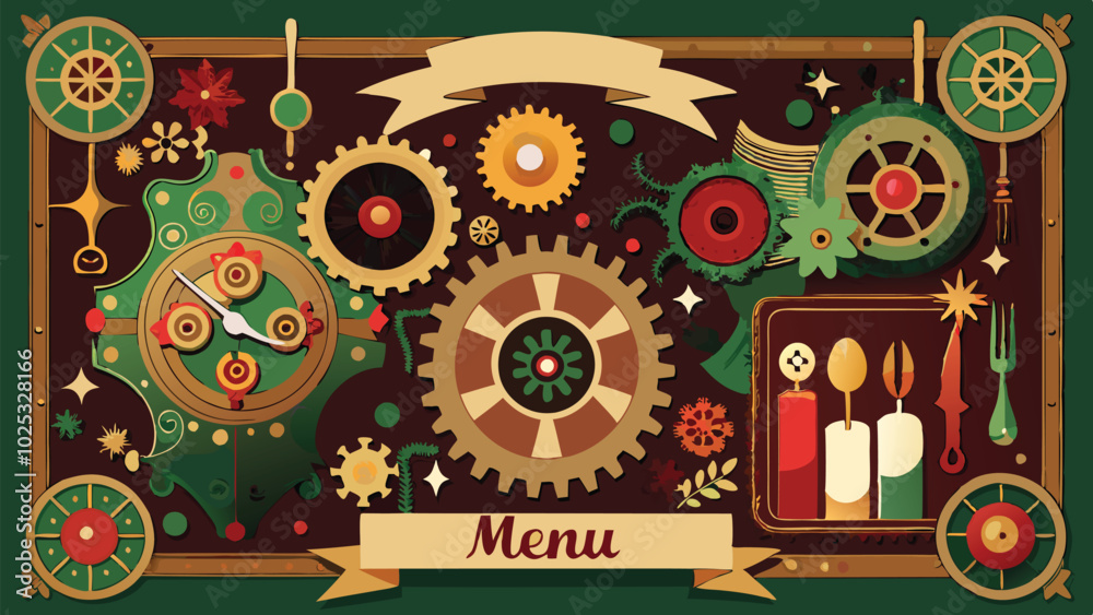 Poster a whimsical steampunk-inspired menu design featuring gears, cogs, and botanical elements, set agains
