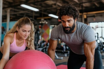 A duo is engaging in balance and stability exercises using a large exercise ball, emphasizing team effort and coordination in a lively gym environment.