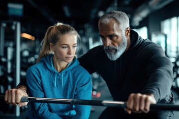 A personal trainer guides a client during an intensive gym session, focusing on form and technique for optimal results in a modern, well-equipped facility.