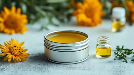 Natural skincare products with calendula flowers on a textured background.