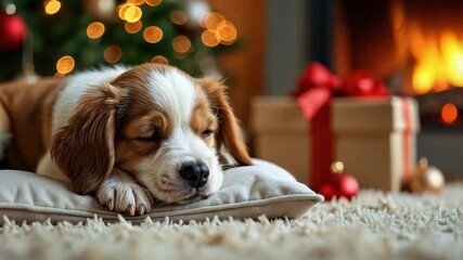 Puppy dog wakes up from peaceful sleep on a pillow underneath Christmas tree, snug and cozy indoor ambiance with warm fireplace