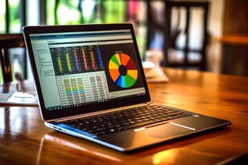 A laptop displaying analytical graphs and data charts on a wooden desk in a bright workspace
