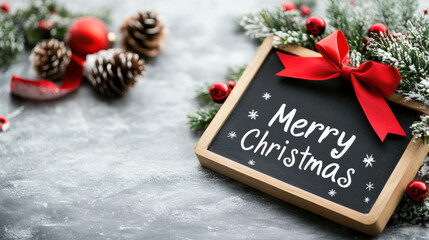 Merry Christmas written on rustic chalkboard surrounded by festive decorations like pinecones and red ornaments, creating warm holiday atmosphere