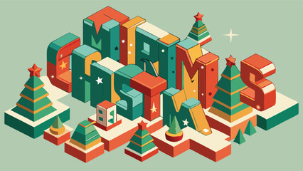 Colorful 3D Christmas-themed arrangement featuring presents, trees, and festive letters in a winter landscape setting