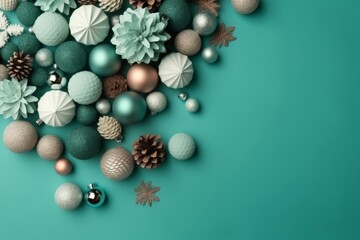 Top view of christmas decoration on blue background with copy space