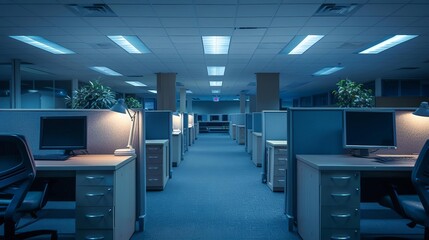 Nighttime office empty cubicles wide shot subdued lighting serene and quiet environment