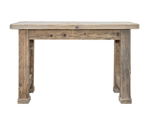 side view of wooden table with rough recycled planks. isolated white background