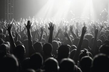 Obraz premium A vibrant crowd enjoys an energetic concert with hands raised in excitement during the evening