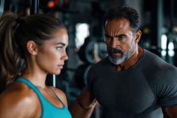 A muscular male trainer with a serious expression intently observes a female athlete in a gym, creating a concentrated and professional atmosphere.