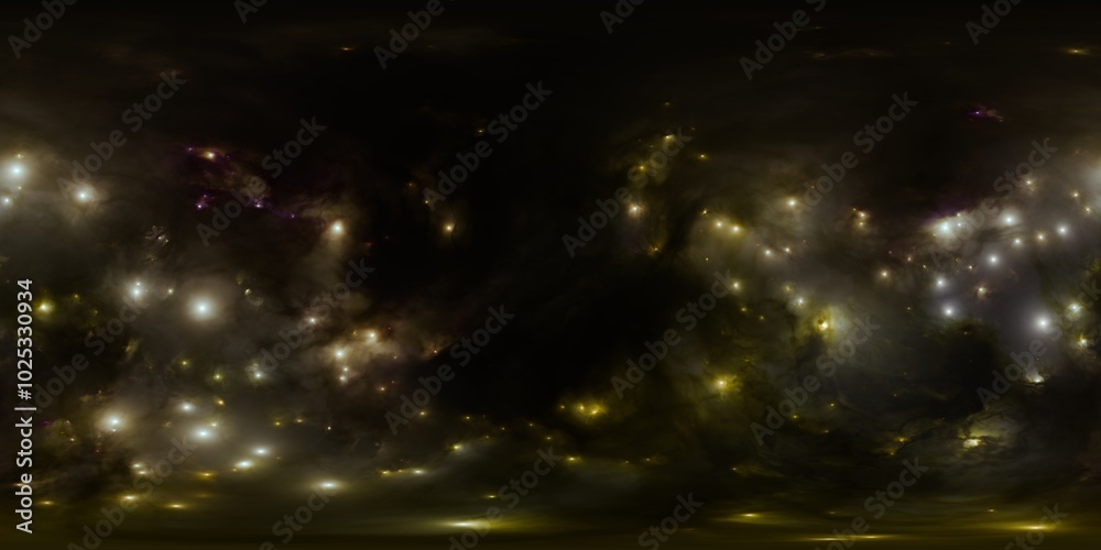 Wall mural seamless 12k hdri skybox of gold cosmic nebula and stars in 360 degree environment map for sci-fi vi