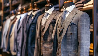 Row of suits are displayed in a store, with one of them being a gray suit. The suits are neatly arranged and appear to be well-made. Scene is professional and sophisticated