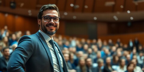 Fototapeta premium A confident man in a sharp suit stands before an audience, exuding professionalism and charisma. This image captures the essence of leadership in modern business contexts. AI