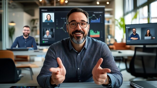 Businessman conducting a virtual meeting from modern office, surrounded by digital screens showing diverse colleagues in video call. - Powered by Adobe