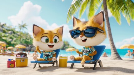 Fun Animated Cats Enjoying a Tropical Beach Day