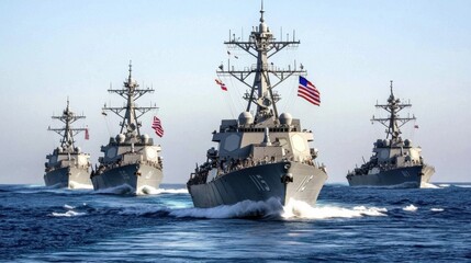 Navy Destroyers Sailing in Formation at Sea