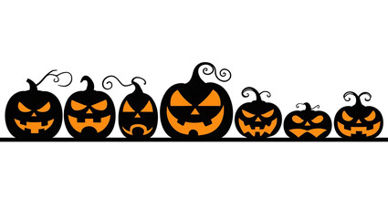 Halloween, pumpkins, jack-o'-lanterns, carved pumpkins, autumn, fall, orange, spooky, scary, festive, holiday, decoration, glowing, faces, expressions, lineup, row, various sizes, illuminated, candles