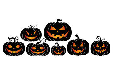 Halloween, pumpkins, jack-o'-lanterns, carved pumpkins, autumn, fall, orange, spooky, scary, festive, holiday, decoration, glowing, faces, expressions, lineup, row, various sizes, illuminated, candles