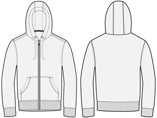 Hooded Zipped Sweater Fashion Illustration Zip Hoodie Mock-up Template for Design and Tech Packs Front and Back Views	