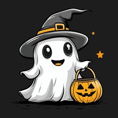 Adorable cartoon ghost dressed in witch hat carrying a pumpkin basket, perfect for playful Halloween themes