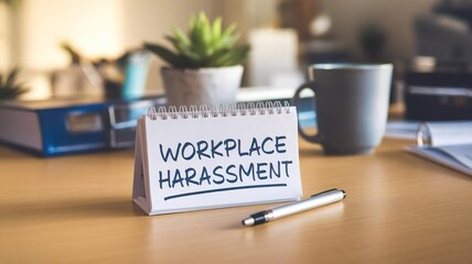 A desk scene highlighting the serious issue of workplace harassment with a calendar note and greenery in a modern office setting.