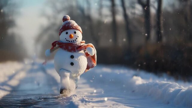 Funny energetic snowman running through a snow-covered scene with a scarf and hat, embracing the festive winter fun. Video made using Generative AI.