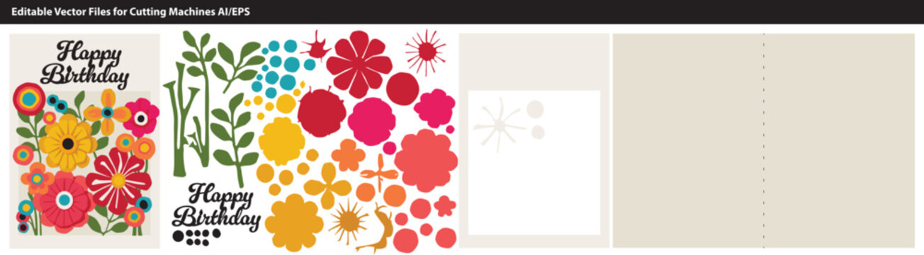 Floral birthday card design with layered cut-out vector pieces for Cricut or Silhouette machines. SVG ideal for custom card making, and DIY crafts with vector cutting machines. Fits 5x7 in. envelope.