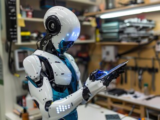 Fototapeta premium Ai-Generated image of A robot is holding a tablet and pointing at something. The robot is white and blue