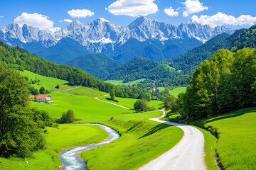 A picturesque mountain valley with a winding river.