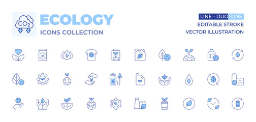Ecology icons collection. Line Duotone style, editable stroke. eco battery, hydraulic energy, growth, eco packaging, organic, clothes, eco friendly, recycling, gear