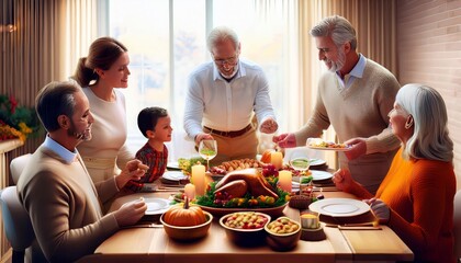 People gathering around the table celebrating Thanksgiving Dinner. Generated image