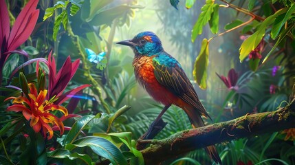 Fototapeta premium A rare exotic bird perched on branch in lush vibrant jungle