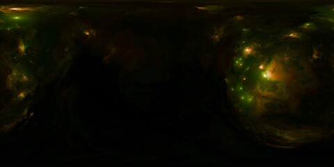 360-degree cosmic panorama with vibrant stars and yellow nebula clouds