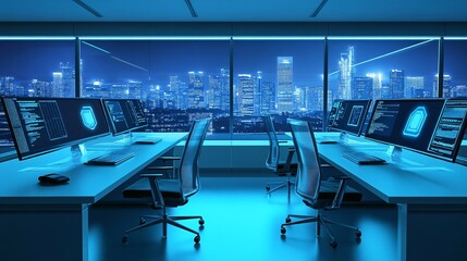 A modern office space with panoramic city views at night. The room is brightly lit with blue lights, and the desks are equipped with computers and office chairs.