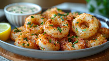 Fototapeta premium Crispy Fried Calamari Rings Close Up of Delicious Seafood Appetizer with Dipping Sauce