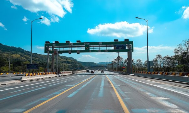 overpass before toll road toll point with no cash booth sign e-tag e-pass signage