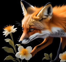 Fototapeta premium Close-up portrait of a fox with flowers on black background. AI generated
