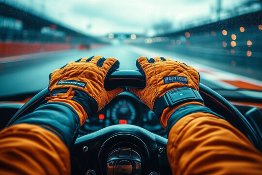 Racing car cockpit driving gloves track.
