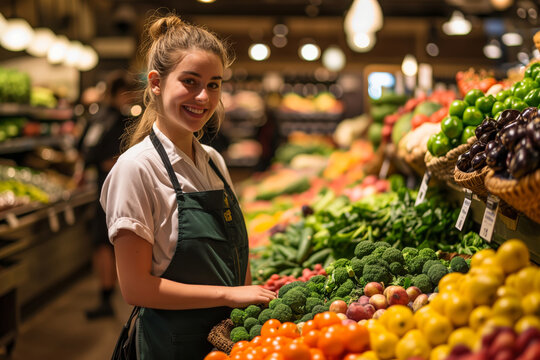 A female clerk s in the fresh produce section of a supermarket - Powered by Adobe