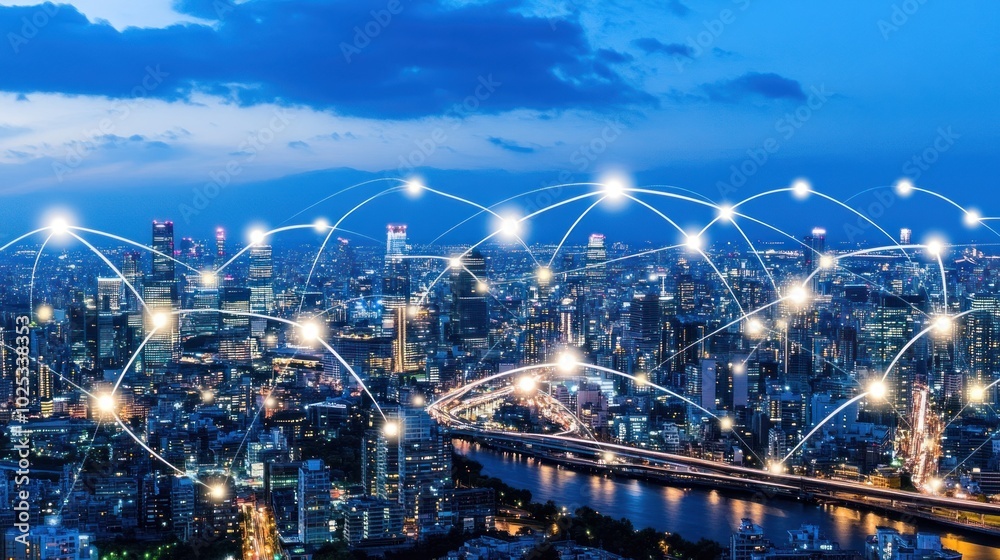Poster networked cityscape with illuminated buildings and interconnecting lines