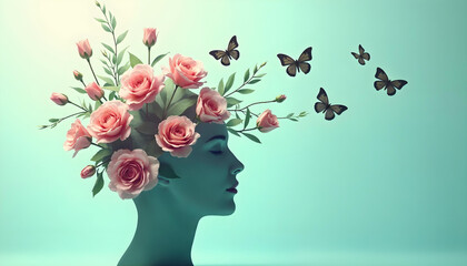 silhouette of a human head with butterfly and flowers - mental well-being transformation 1