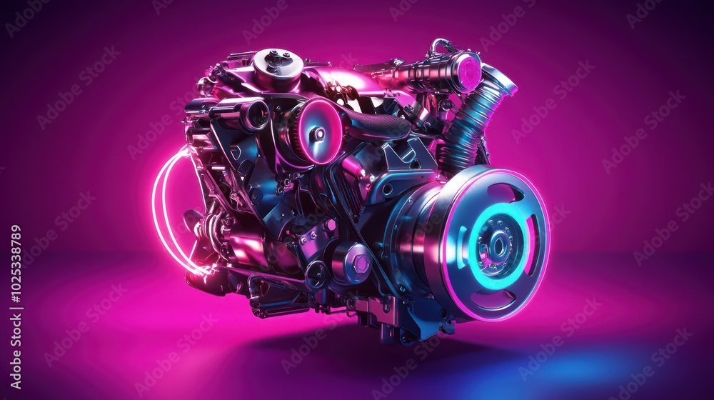 Poster futuristic engine with neon lighting on a magenta background