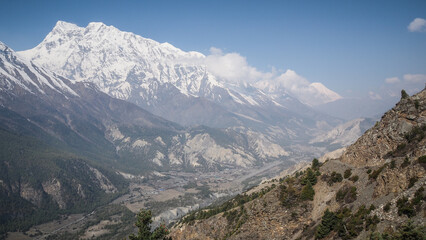 The landscape on the Annapurna Circuit hiking route in Nepal