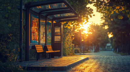 Imagine a cozy bus stop on a quiet street, with a wooden bench under a shelter adorned with colorful advertisements. 