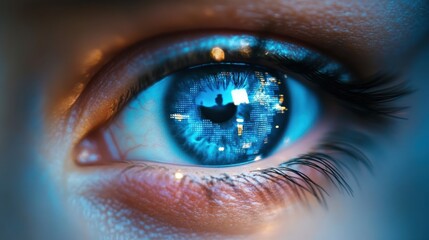 Close-up of a blue eye with a city reflection in the pupil