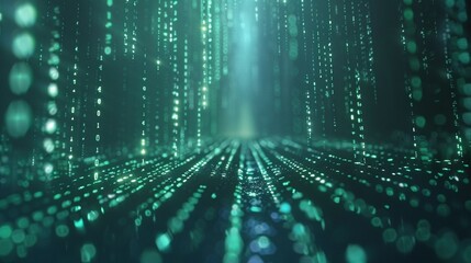 Abstract digital background with green binary code and light streaks